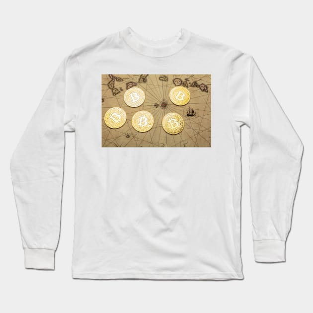 Bitcoins On Old Map Long Sleeve T-Shirt by photogarry